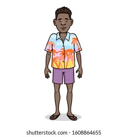 Vector Cartoon Character - Young Afroamerican Man in Hawaiian Shirt, Shorts and Slipers. Beach Outfit.