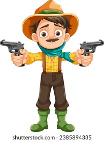 Caricatura vectorial de un joven vaquero vestido con un atuendo campesino sosteniendo una pistola