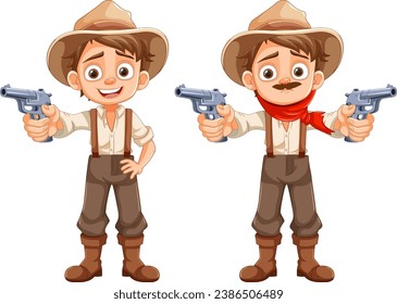 A vector cartoon character of a young cowboy wearing country farmer clothes and holding a gun