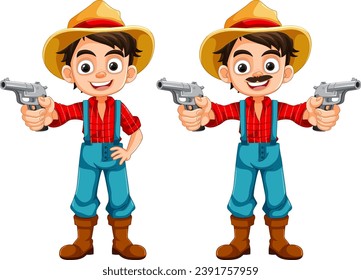 A vector cartoon character of a young cowboy dressed in country farmer attire, holding a gun