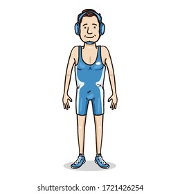 Vector Cartoon Character - Young Man in Blue Wrestling Equipment