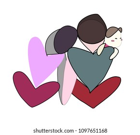 Vector cartoon character.Male couple and son and heart symbol on white background. They sat back and shook hands.Happy father day.