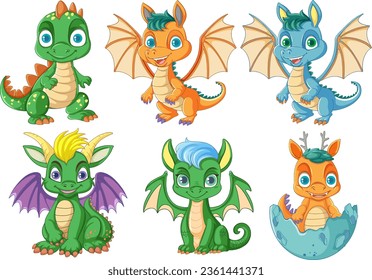 Vector cartoon characters of adorable baby dragons in various hues