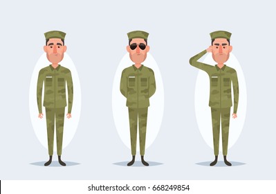 Personagens dos desenhos animados vetoriais - soldado do exército - conjunto