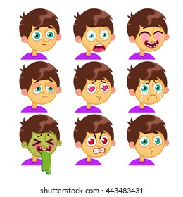 Vector cartoon characters. Boy emotion faces. Man emoji face icons and symbols. Human expression sign. Avatars. Stickers
