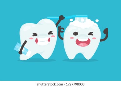 Vector cartoon characters brushing teeth to clean their teeth Dental dentist concept.