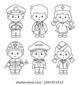 Vector of cartoon character's careers for coloring book (police officer, doctor, nurse, firefighter, pilot, cabin crew)