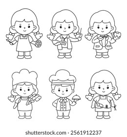 Vector of cartoon character's careers for coloring book (artist, teacher, dentist, baker, chef, hairdresser)