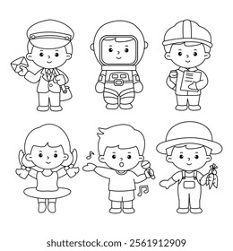 Vector of cartoon character's careers for coloring book (postman, astronaut, engineer, dancer, singer, farmer)