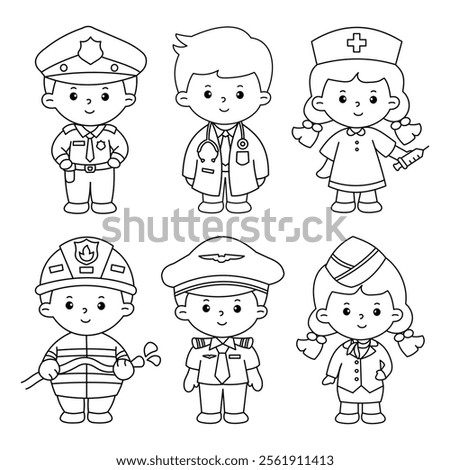 Vector of cartoon character's careers for coloring book (police officer, doctor, nurse, firefighter, pilot, cabin crew)