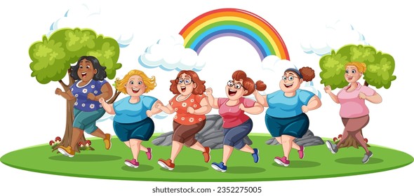 Vector cartoon characters of chubby to overweight women running in a park