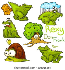 Vector cartoon characters. Dinosaurs and his emotions. Snail and sad tree. Isolated on white background. Colored version. Comics characters. 