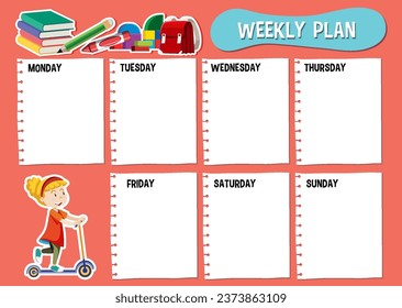 Vector cartoon characters follow a weekly plan from Monday to Friday