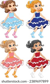 Vector cartoon characters of four girls joyfully dancing in various outfits