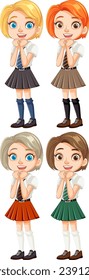 Vector cartoon characters of four girls in school uniform with various hairstyles