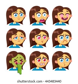 Vector cartoon characters. Girl emotion faces. Woman emoji face icons and symbols. Human expression sign. Avatars. Stickers