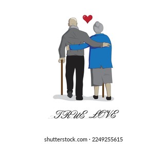 vector cartoon characters of a grandfather and a grandmother who are walking together side by side with a cane