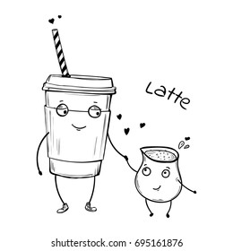 Vector cartoon characters, latte with cream