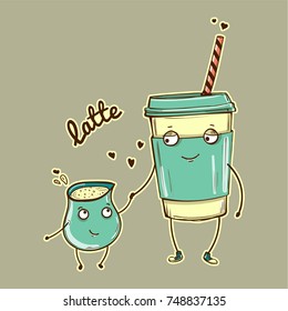 Vector cartoon characters, latte with cream