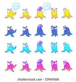 Vector cartoon characters octopuses with emotions sets