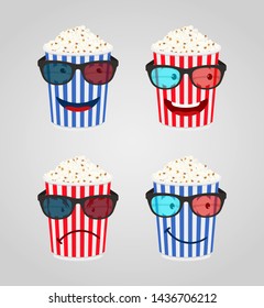 Vector cartoon characters - popcorn with 3d glasses, smiles and emotions. Icons, objects for cinema, movie.