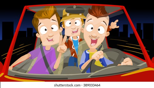 Vector cartoon characters in road trip illustration on the dark night background