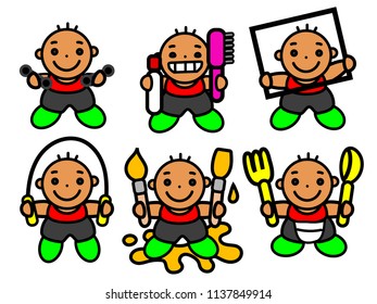 Vector cartoon characters set six colored with a black outline of jolly boys children for different pursuits