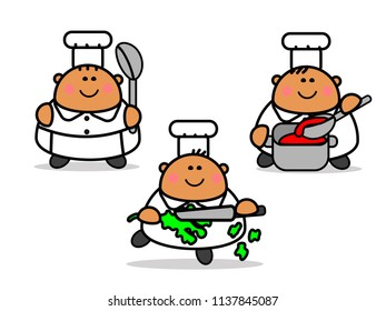 Vector cartoon characters set three colored with black contour of thick cheerful cooks with ladle, pans and knife on white background isolate