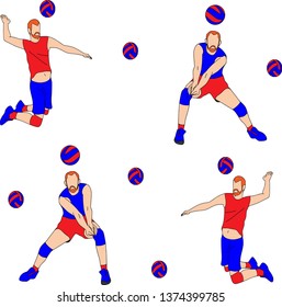 Vector cartoon characters of sportsman playing volleyball. Isolated on white background. Player hits the ball, texture, volley