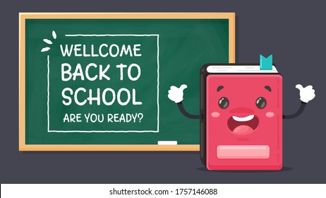 Vector cartoon characters stationery Write a message Welcom Back to school. Are you Ready? With a shock on the blackboard.