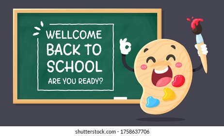 Vector cartoon characters stationery Write a message Welcom Back to school. Are you Ready? With a shock on the blackboard.