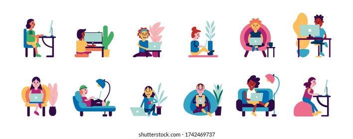 Vector Cartoon Characters Using Electronic Devices Isolated