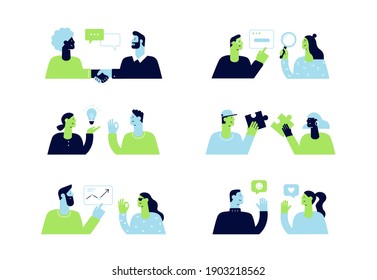 Vector cartoon characters for web and mobile apps. Social and business concept. Interaction between people. Solution problems, new ideas, handshake. Flat design, modern style, isolated on white 