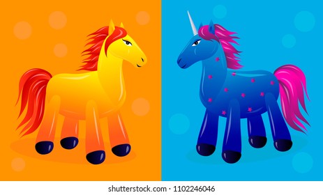 Vector cartoon characters yellow horse with a red mane and tail on a orange  background and a blue unicorn with purple details on a blue background