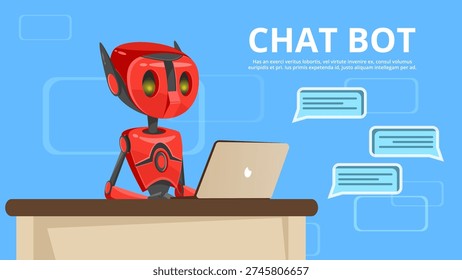 Vector cartoon chat bot poster background template. Illustration with robot assistant, artificial intelligence technology chatterbot help digital communication online. Mobile messanger support concept
