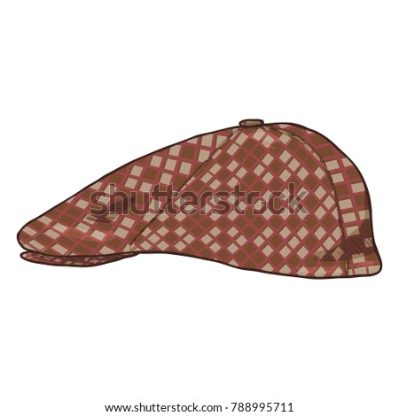 Vector Cartoon Checkered Retro Tweed Cap. Old Fashioned Style Head wear.