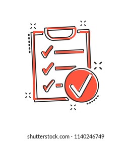 Vector cartoon checklist icon in comic style. Checklist, task list sign illustration pictogram. Survey business splash effect concept.