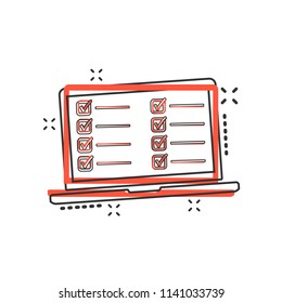 Vector cartoon checklist with notebook icon in comic style. Checklist, task list sign illustration pictogram. To do list business splash effect concept.