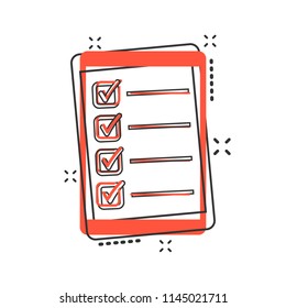 Vector cartoon checklist with tablet icon in comic style. Checklist, task list sign illustration pictogram. To do list business splash effect concept.