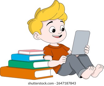 Caricatura vetorial de um menino alegre sentado no chão usando um tablet, com uma pilha de livros ao seu lado.