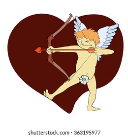 vector cartoon cheerful cupid shoots from a bow