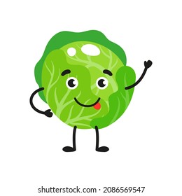 Vector cartoon cheerful cute cabbage character. Childrens concept.
