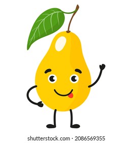 Vector cartoon cheerful cute pear character. Childrens concept.