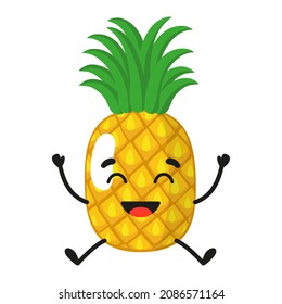 Vector cartoon cheerful cute pineapple character. Childrens concept.