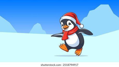 Vector cartoon cheerful jumping cute funny little penguin baby in red Santa Claus hat and scarf. Ice and winter. Cuddly antarctic animal. Merry Christmas and Happy New year.