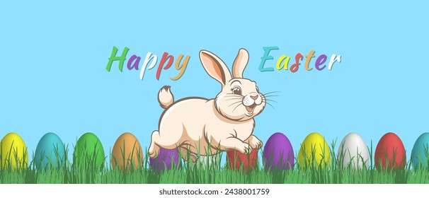 Vector cartoon cheerful smiling chubby cute running rabbit. Carefree jumping rabbit. Green grass with colored eggs. Happy easter. Awesome religious postcard.