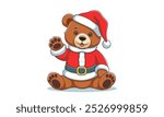 Vector cartoon cheerful smiling cute sitting teddy bear dressed in Santa Claus costume and waving paw. Merry Christmas and Happy New Year. Isolated white background.