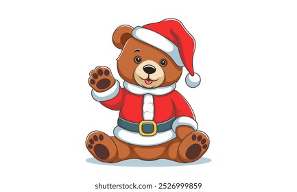 Vector cartoon cheerful smiling cute sitting teddy bear dressed in Santa Claus costume and waving paw. Merry Christmas and Happy New Year. Isolated white background.