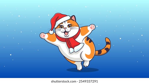 Vector cartoon cheerful smiling plump cute cat rejoices at holiday. In red scarf and Santa Claus hat. Merry Christmas and Happy New Year. Winter Christmas spirit.