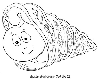 Vector cartoon, cheerful smiling snail in a shell with a flower pattern, contours